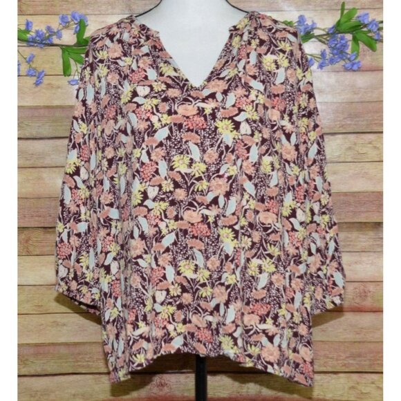 Ava & Viv Women's V-Neck Blouse Plus Size 1X Floral Fall Leaves 3/4 Sleeves - Picture 1 of 9